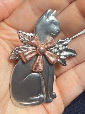 Cat Brooch Mixed Metal Kitty with Bow Holly Leaves Animal Pin 2.4"